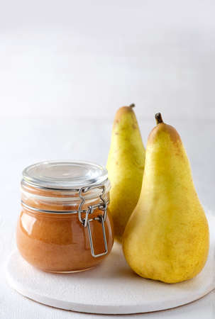 Pear jam with cream, toast. Cheese White backgroundの写真素材