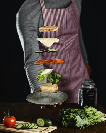 Chef prepares the ingredients for a delicious vegetarian sandwich. Cookery and cooking, healthy food conceptの写真素材