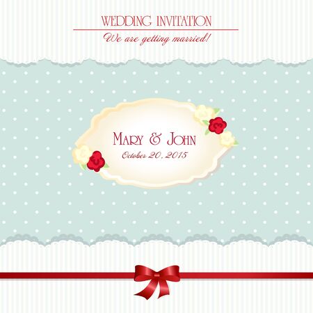 save the date. wedding invitaion. red bow. golden frame with rosesのイラスト素材