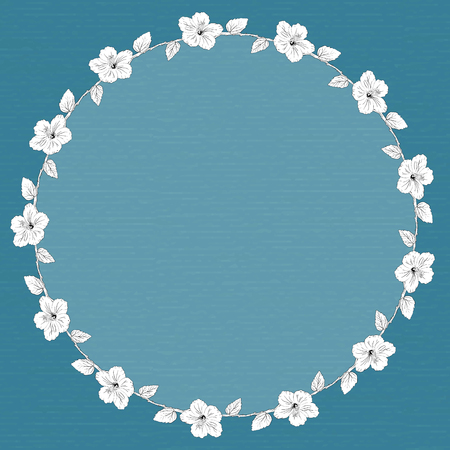 round frame with hibiscus flowers. Vector illustration. blue background. Sketch linear floral wreathのイラスト素材