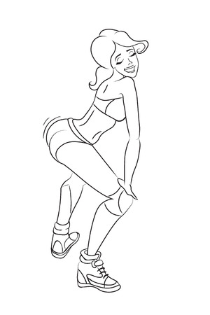 Vector illustration. Woman in sport bra and shorts dancing half-sitting twerk. cartoon illustration isolated on a white background. booty shake dance. characterのイラスト素材