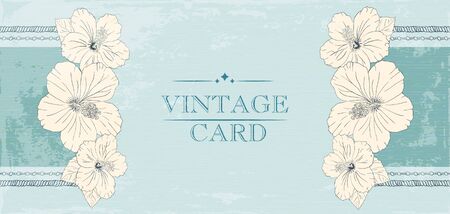 template for certificate with hibiscus flowers. Vector illustration. Elegant wedding invitation design, Greeting Card. aged sharpen blue backgroundのイラスト素材