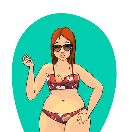 Vector cartoon character. Summer. glamour radhair girl wearing bikini. Isolated on cyan background.のイラスト素材