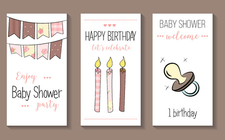 Set of vector birthday party invitations or congratulation cards. baby elements. doodle style. shabby chic. candles, garland, baby nipple. pink and brownのイラスト素材