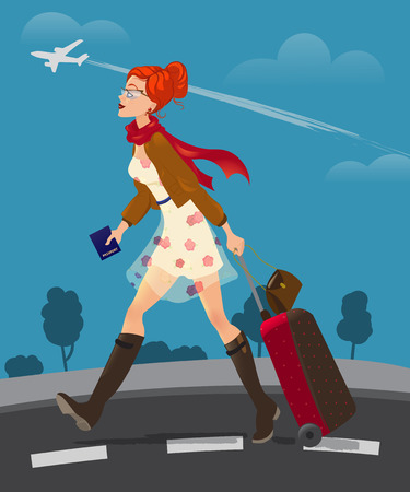 Illustration of traveling woman holding passport. cute girl with suitcase goes to the airport.のイラスト素材