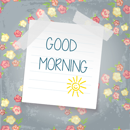note paper on color background. good mornig. sun doodle. shabby chic styleのイラスト素材