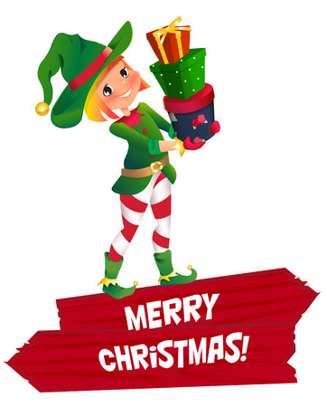 Santa Claus elf helper child. Santa helper traditional costume. red wooden banner. Merry Christmas. elf Santa s assistant with gifts isolated on a white backgroundのイラスト素材