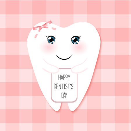 Cute greeting card Happy Dentist Day as funny smiling cartoon character of tooth with golden glitter crownのイラスト素材