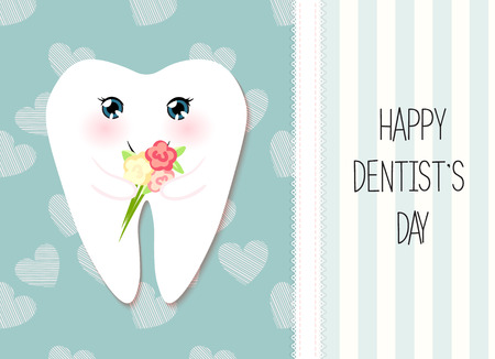 Cute greeting card Happy Dentist Day as funny smiling cartoon character of tooth with golden glitter crownのイラスト素材