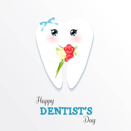 Cute greeting card Happy Dentist Day as funny smiling cartoon character of tooth with golden glitter crownのイラスト素材
