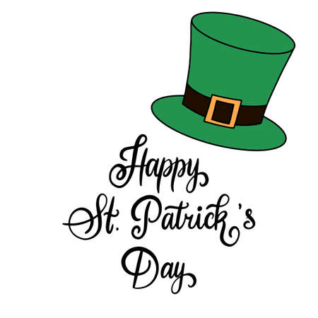 Modern calligraphy flat style. Handwritten lettering composition of Happy St. Patricks Day on white background for greeting card, poster, invitation to irish party with design element, clover for luck.のイラスト素材
