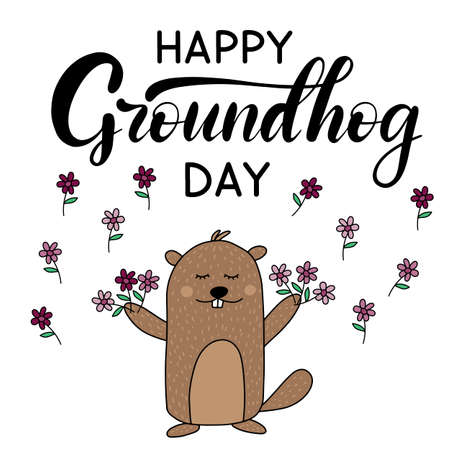 Vector Happy Groundhog Day design with cute marmot popping up from his burrow. Lettering text for greeting card. Vector cartoon illustration. EPS10のイラスト素材