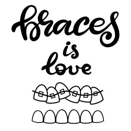 Lettering illustration about dental healthcare with the image of braces on teeth. EPS10. &#xD;Vector image of the stages of orthodontic treatment for posters for dental clinic.のイラスト素材