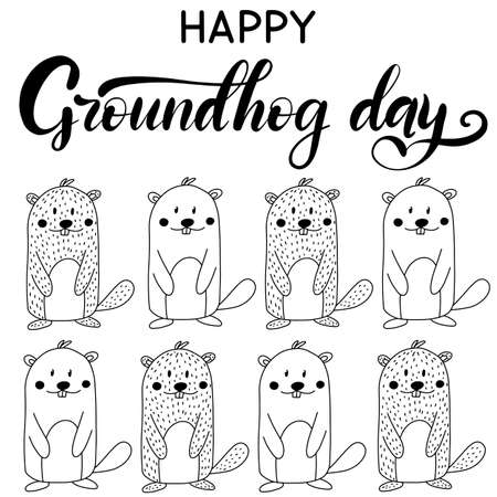 Vector Happy Groundhog Day design with cute marmot popping up from his burrow. Lettering text for greeting card. Vector cartoon illustration. EPS10のイラスト素材