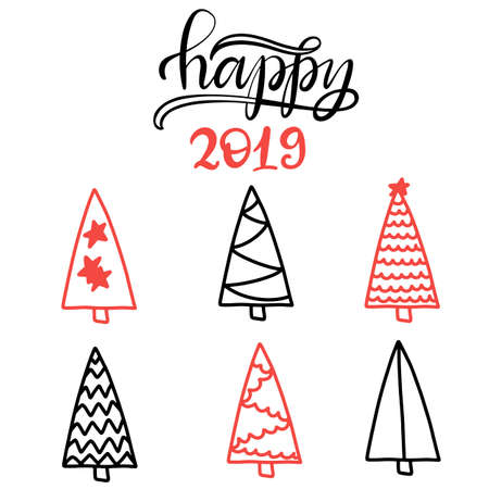 Vector Illustration EPS10. Set of christmas trees flat icons in cartoon style isolated on white background. Monochrome design for New year winter collection.のイラスト素材