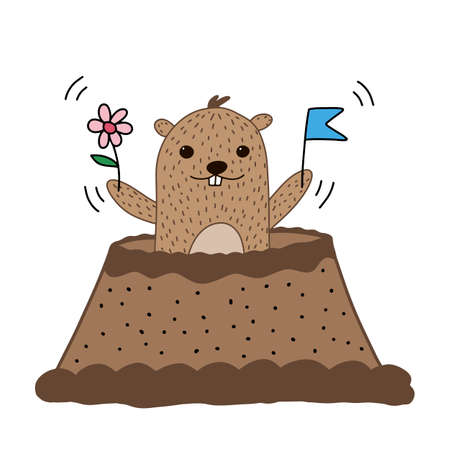 Vector Happy Groundhog Day design with cute marmot popping up from his burrow. Lettering text for greeting card. Vector cartoon illustration. EPS10のイラスト素材