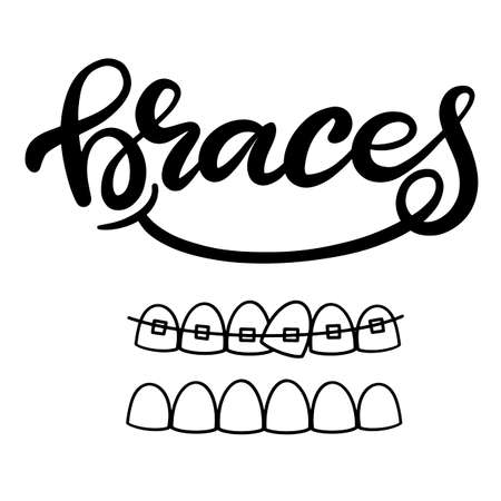 Lettering illustration about dental healthcare with the image of braces on teeth. EPS10. &#xD;Vector image of the stages of orthodontic treatment for posters for dental clinic.のイラスト素材