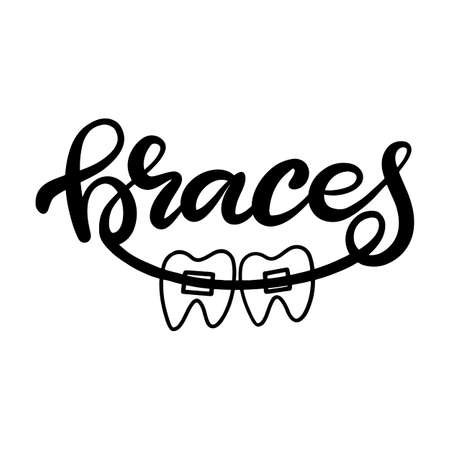 Lettering illustration about dental healthcare with the image of braces on teeth. EPS10. &#xD;Vector image of the stages of orthodontic treatment for posters for dental clinic.のイラスト素材
