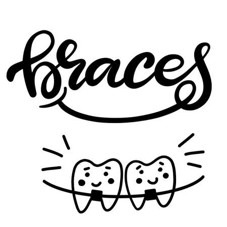 Lettering illustration about dental healthcare with the image of braces on teeth. EPS10. Vector image of the stages of orthodontic treatment for posters for dental clinic.のイラスト素材