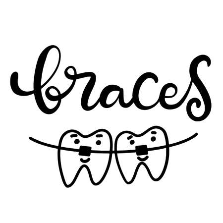 Lettering illustration about dental healthcare with the image of braces on teeth. EPS10. &#xD;Vector image of the stages of orthodontic treatment for posters for dental clinic.のイラスト素材