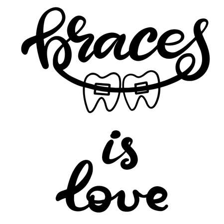 Lettering illustration about dental healthcare with the image of braces on teeth. EPS10. &#xD;Vector image of the stages of orthodontic treatment for posters for dental clinic.のイラスト素材