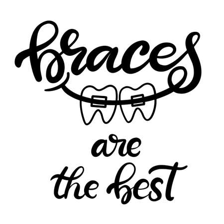 Lettering illustration about dental healthcare with the image of braces on teeth. EPS10. &#xD;Vector image of the stages of orthodontic treatment for posters for dental clinic.のイラスト素材