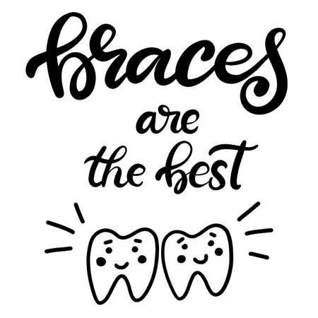 Lettering illustration about dental healthcare with the image of braces on teeth. EPS10. &#xD;Vector image of the stages of orthodontic treatment for posters for dental clinic.のイラスト素材