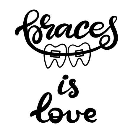 Lettering illustration about dental healthcare with the image of braces on teeth. EPS10. &#xD;Vector image of the stages of orthodontic treatment for posters for dental clinic.のイラスト素材