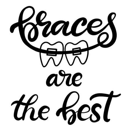 Lettering illustration about dental healthcare with the image of braces on teeth. EPS10. &#xD;Vector image of the stages of orthodontic treatment for posters for dental clinic.のイラスト素材