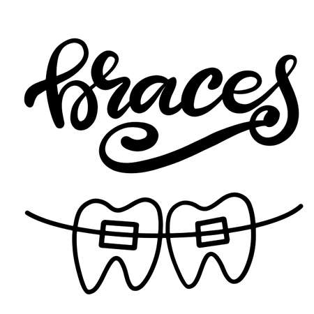 Lettering illustration about dental healthcare with the image of braces on teeth. EPS10. &#xD;Vector image of the stages of orthodontic treatment for posters for dental clinic.のイラスト素材