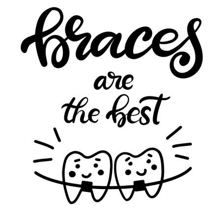 Lettering illustration about dental healthcare with the image of braces on teeth. EPS10. &#xD;Vector image of the stages of orthodontic treatment for posters for dental clinic.のイラスト素材