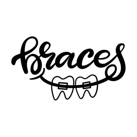 Lettering illustration about dental healthcare with the image of braces on teeth. EPS10. &#xD;Vector image of the stages of orthodontic treatment for posters for dental clinic.のイラスト素材