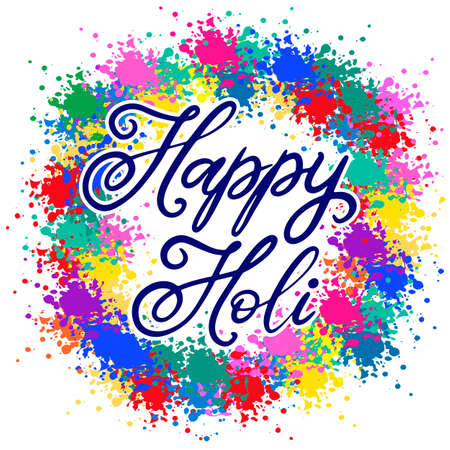 Lettering illustration for Indian Happy holi festival of colours. Vector EPS10 in calligraphy style with powder paint splash elements for logo, greeting card, banner, invitation  designのイラスト素材