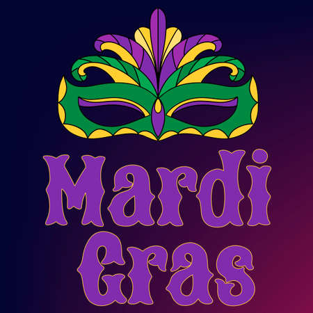 Vector hand drawn lettering illustration eps10 for Mardi gras carnival poster, brochure, logo, greeting card, party invitation with fat tuesday mask with feathers in purple, gold, yellow, green colors.のイラスト素材