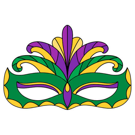 Vector hand drawn lettering illustration eps10 for Mardi gras carnival poster, brochure, logo, greeting card, party invitation with fat tuesday mask with feathers in purple, gold, yellow, green colors.のイラスト素材