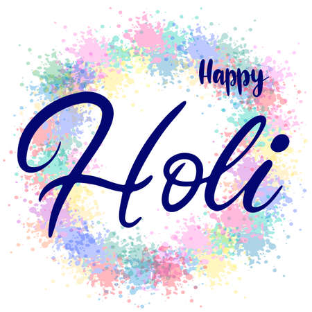 Lettering illustration for Indian Happy holi festival of colours. Vector EPS10 in calligraphy style with powder paint splash elements for logo, greeting card, banner, invitation  designのイラスト素材
