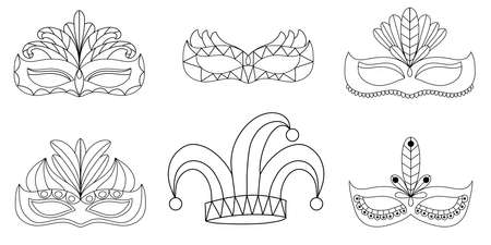 Vector hand drawn lettering illustration eps10 for Mardi gras carnival poster, brochure, logo, greeting card, party invitation with fat tuesday mask with feathers in purple, gold, yellow, green colors.のイラスト素材