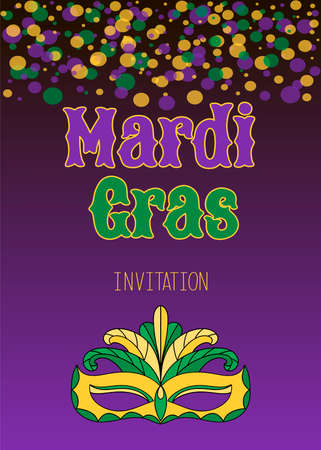 Vector hand drawn lettering illustration eps10 for Mardi gras carnival poster, brochure, logo, greeting card, party invitation with fat tuesday mask with feathers in purple, gold, yellow, green colors.のイラスト素材