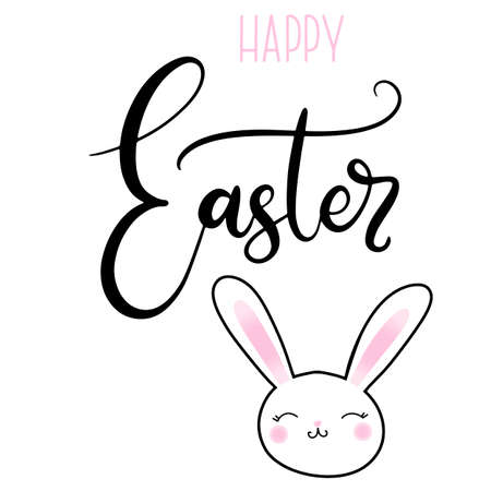 Vector EPS10 hand written lettering illustration for happy easter banner, poster, sale invitation template with colorful spring flowers, eggs and bunny rabbits in cartoon flat styleのイラスト素材