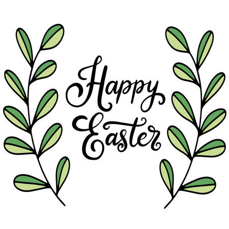 Vector EPS10 hand written lettering illustration for happy easter banner, poster, sale invitation template with colorful spring flowers, eggs and bunny rabbits in cartoon flat styleのイラスト素材
