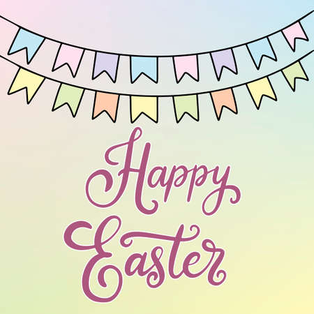 Vector EPS10 hand written lettering illustration for happy easter banner, poster, sale invitation template with colorful spring flowers, eggs and bunny rabbits in cartoon flat styleのイラスト素材