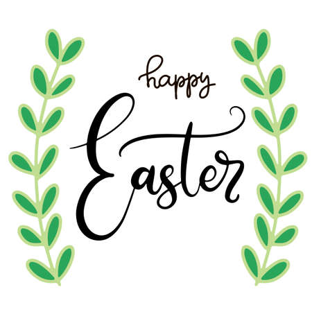 Vector EPS10 hand written lettering illustration for happy easter banner, poster, sale invitation template with colorful spring flowers, eggs and bunny rabbits in cartoon flat styleのイラスト素材