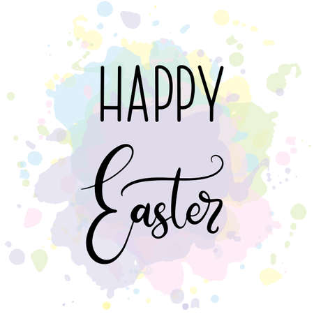Vector EPS10 hand written lettering illustration for happy easter banner, poster, sale invitation template with colorful spring flowers, eggs and bunny rabbits in cartoon flat styleのイラスト素材
