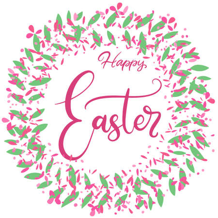 Vector EPS10 hand written lettering illustration for happy easter banner, poster, sale invitation template with colorful spring flowers, eggs and bunny rabbits in cartoon flat styleのイラスト素材