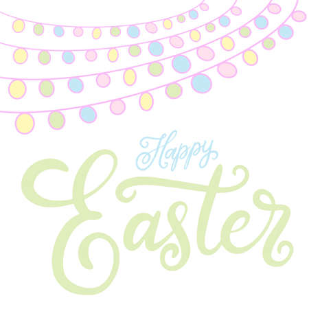 Vector EPS10 hand written lettering illustration for happy easter banner, poster, sale invitation template with colorful spring flowers, eggs and bunny rabbits in cartoon flat styleのイラスト素材