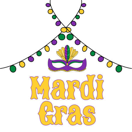 Vector hand drawn lettering illustration eps10 for Mardi gras carnival poster, brochure, logo, greeting card, party invitation with fat tuesday mask with feathers in purple, gold, yellow, green colors.のイラスト素材