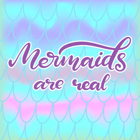 Vector lettering illustration with mermaid. Inspirational quote in moder calligraphy style with hand drawn tail of mermaid and starfish in cartoon style for fabric print, invitation birthday card, poster. Childish design for room. EPS10のイラスト素材