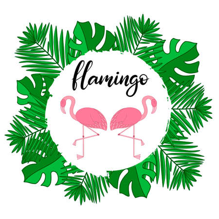 Flamingo with tropical leaves lettering vector illustration in pink colors. Template for summer sale banner, party invitation card, poster, feminine print with exotic bird and palm tree leaf. EPS10のイラスト素材