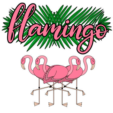 Flamingo with tropical leaves lettering vector illustration in pink colors. Template for summer sale banner, party invitation card, poster, feminine print with exotic bird and palm tree leaf. EPS10のイラスト素材
