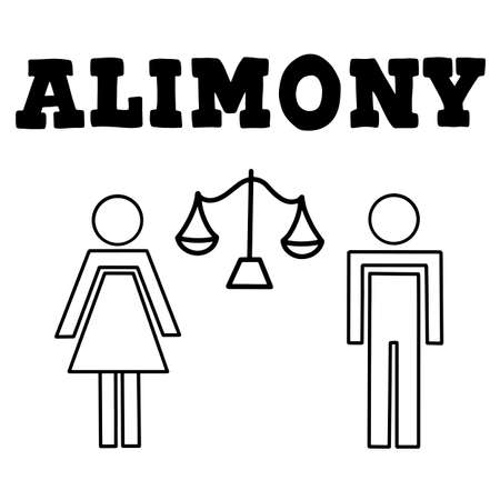 A divorced couple with man and woman silhouettes separated and divided. Family problem  of husband and wife, break up and alimony issue. Vector lettering illustration eps10.のイラスト素材